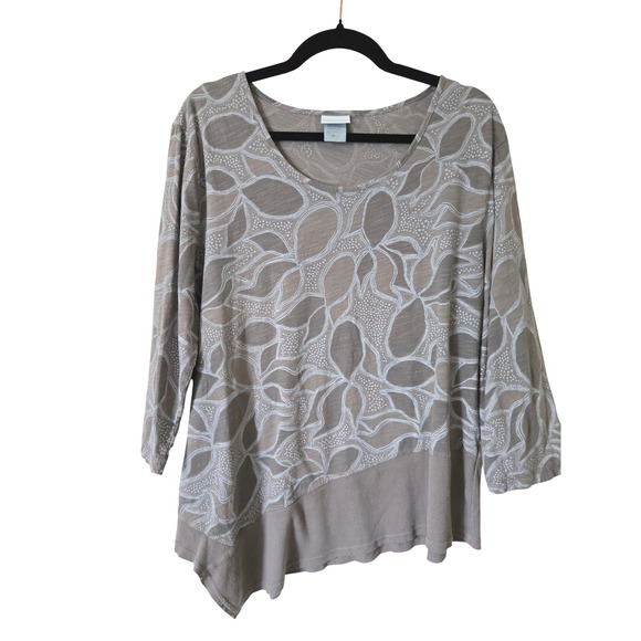 Sun Moda California Tops - Sun Moda California Womens XL Top Taupe Cotton Leaf Print Asymmetrical Sharkbite